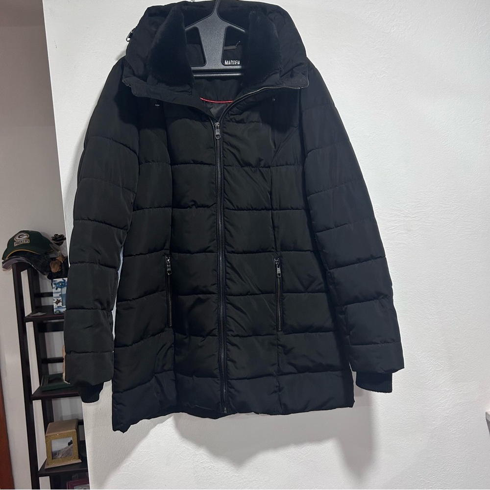 Steve Madden Full Zip Black Jacket Faux Fur Hooded Women’s Large